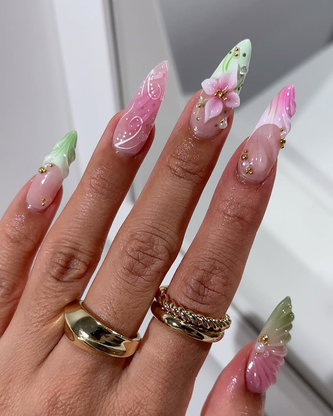 Whimsical Pink and Green Floral Stiletto Nails