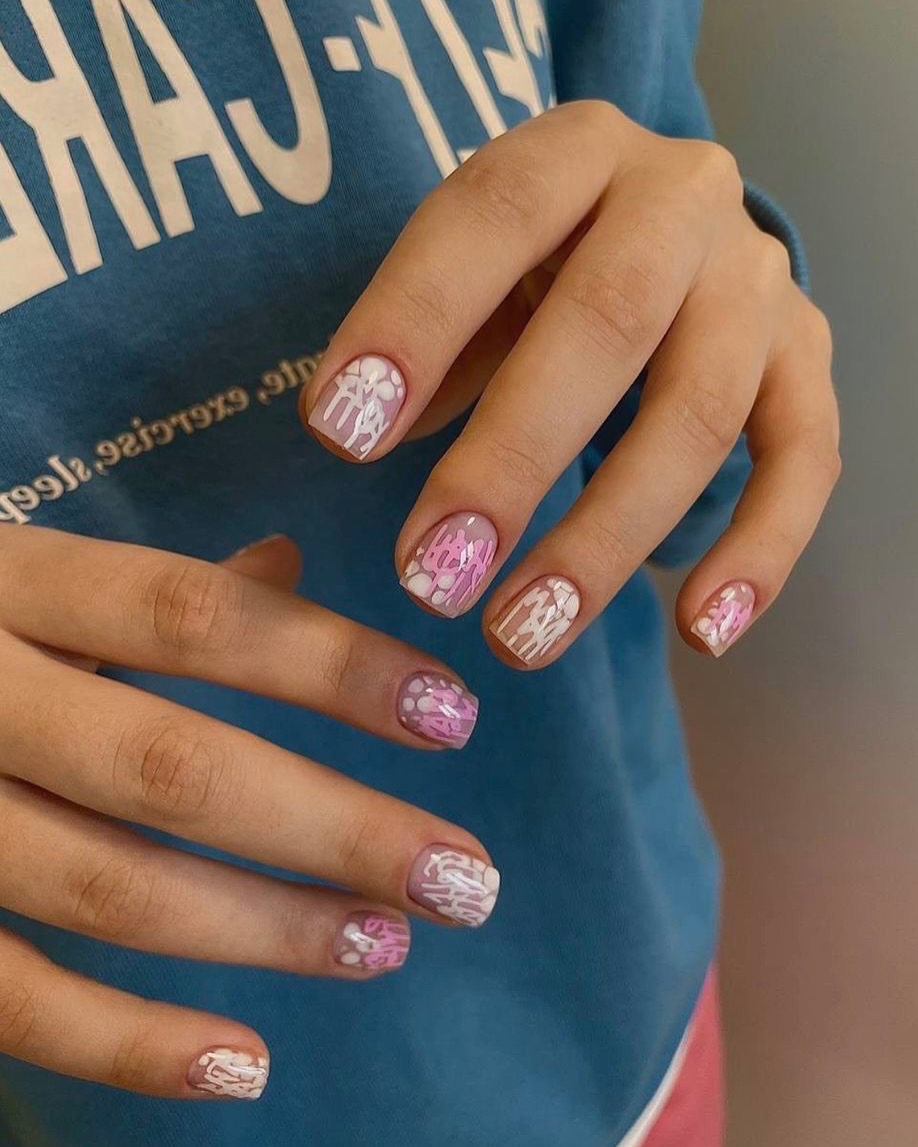 Whimsical Pink and White Abstract Squoval Nails