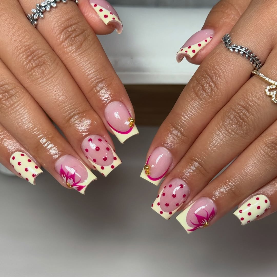 Whimsical Polka Dot and French Tip Coffin Nails