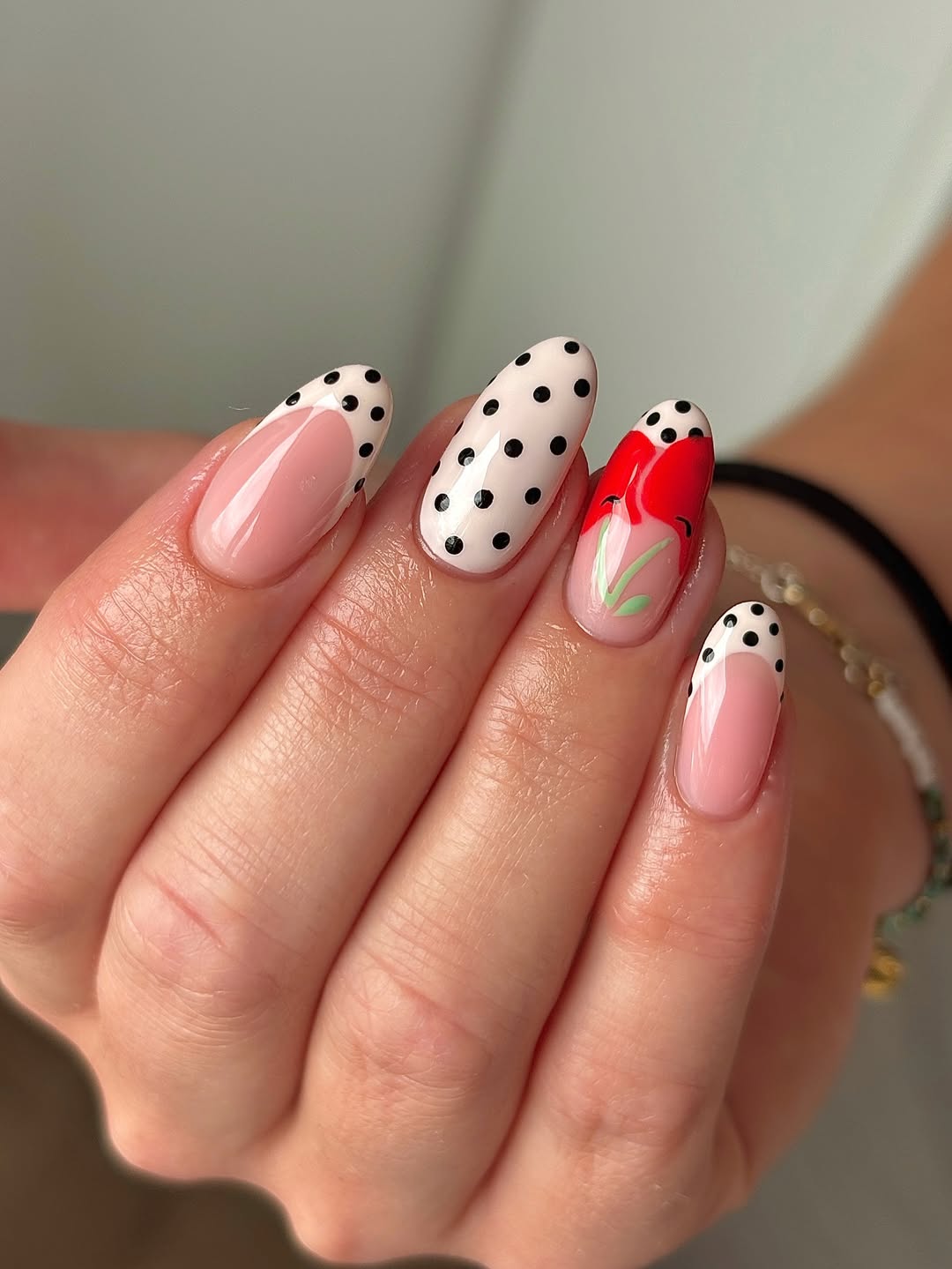 Whimsical Red Tulip Polka Dot Almond Nails