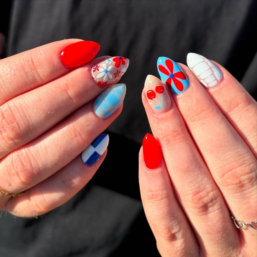 Whimsical Red White Blue Floral Cherry Patriotic Nails