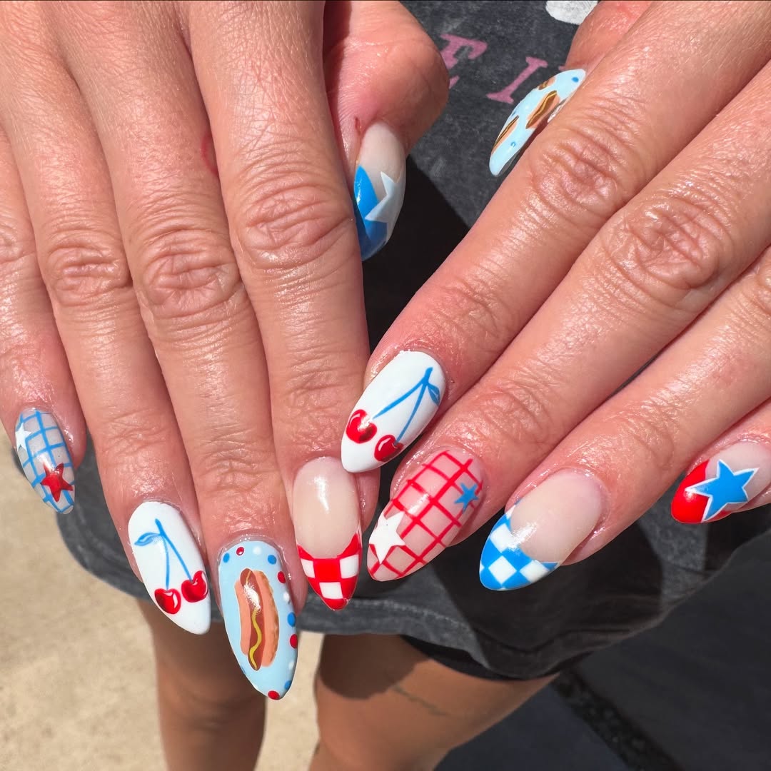 Whimsical Red White Blue Foodie Themed Stiletto Nails