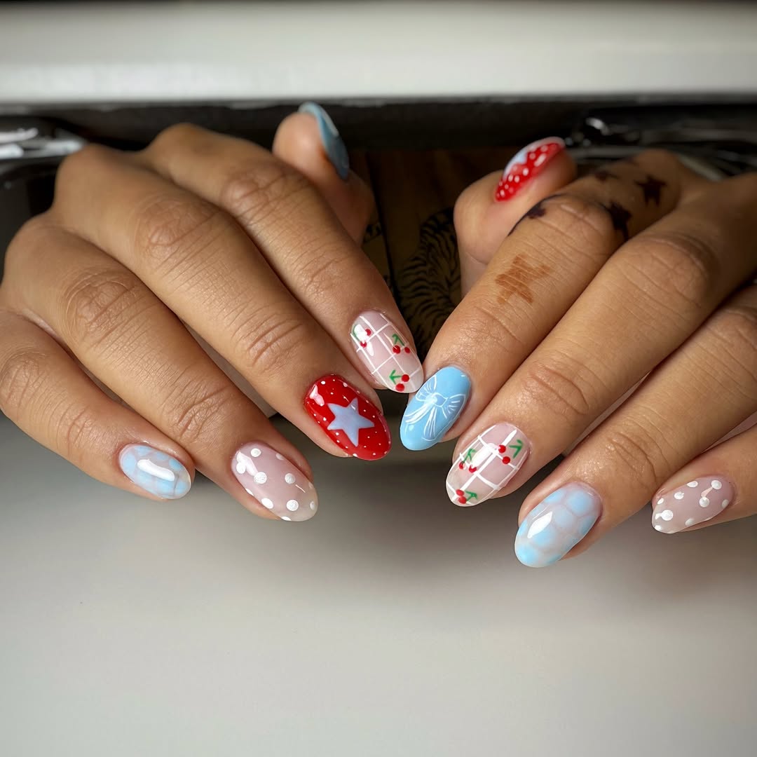 Whimsical Red White Blue Mix and Match Nails