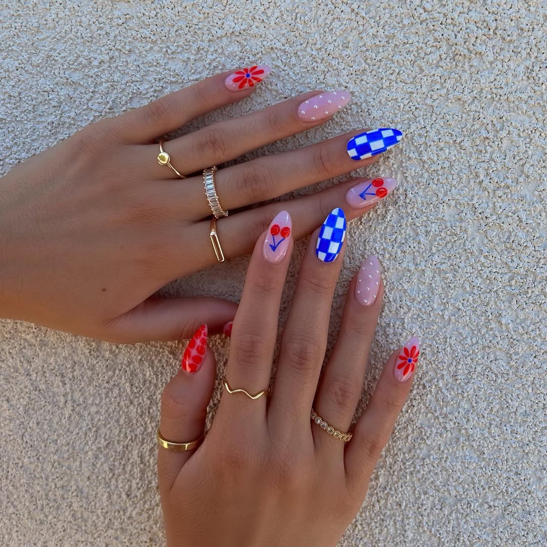 Whimsical Red White Blue Mix and Match Patriotic Nails