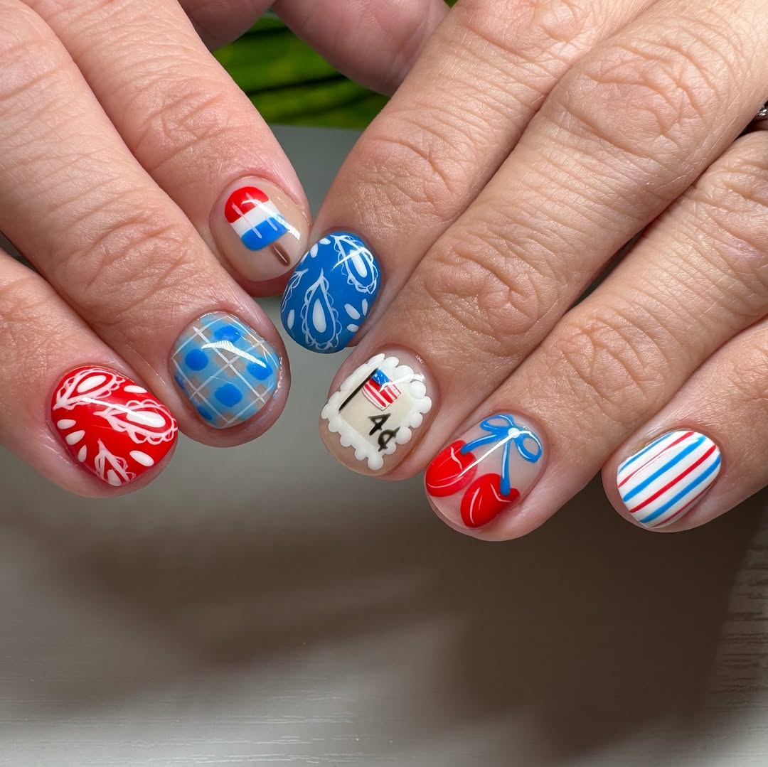 Whimsical Red White Blue Themed Nail Art