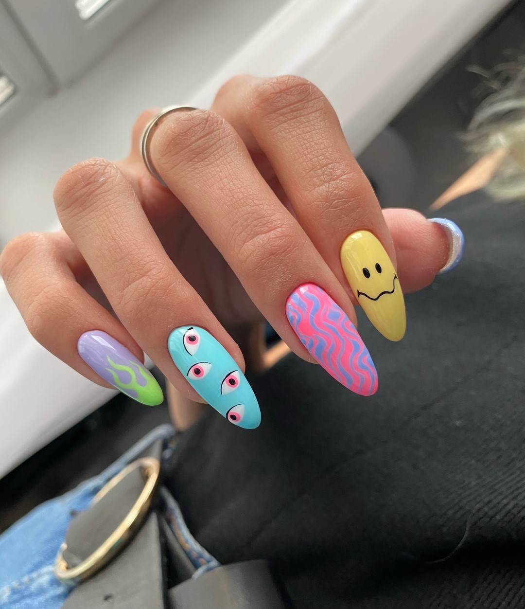 Whimsical Swirls and Smiley Face Coffin Nails
