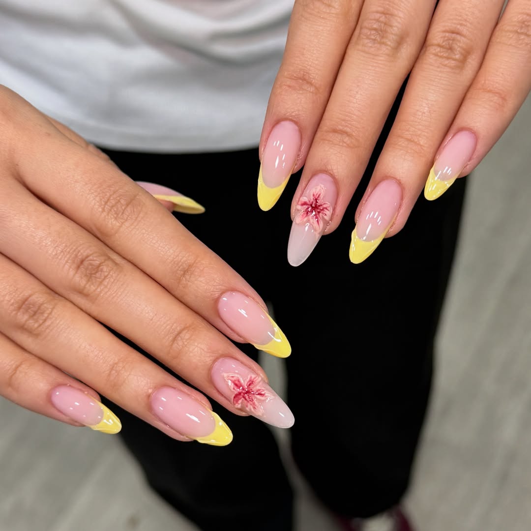 Yellow French Tips With 3D Floral Almond Nails