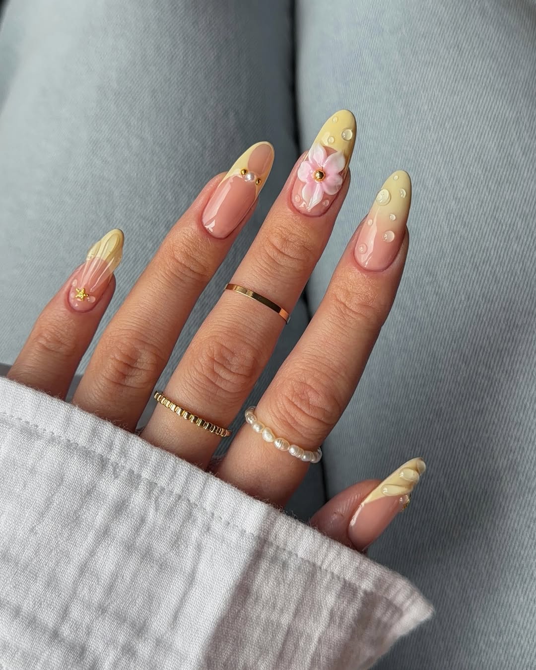 Yellow Ombré French Tips with 3D Flower Accents