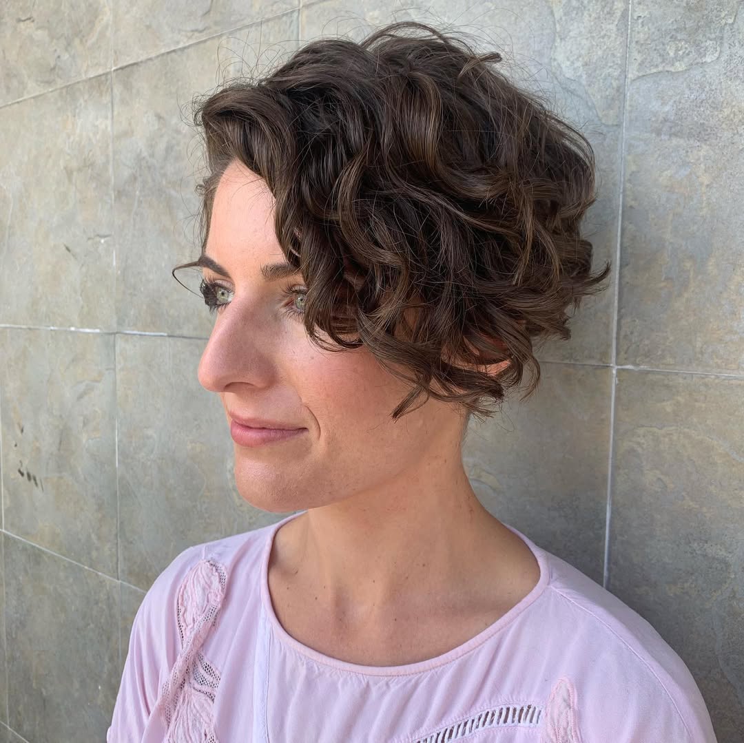 Asymmetrical Curly Pixie With Natural Brown