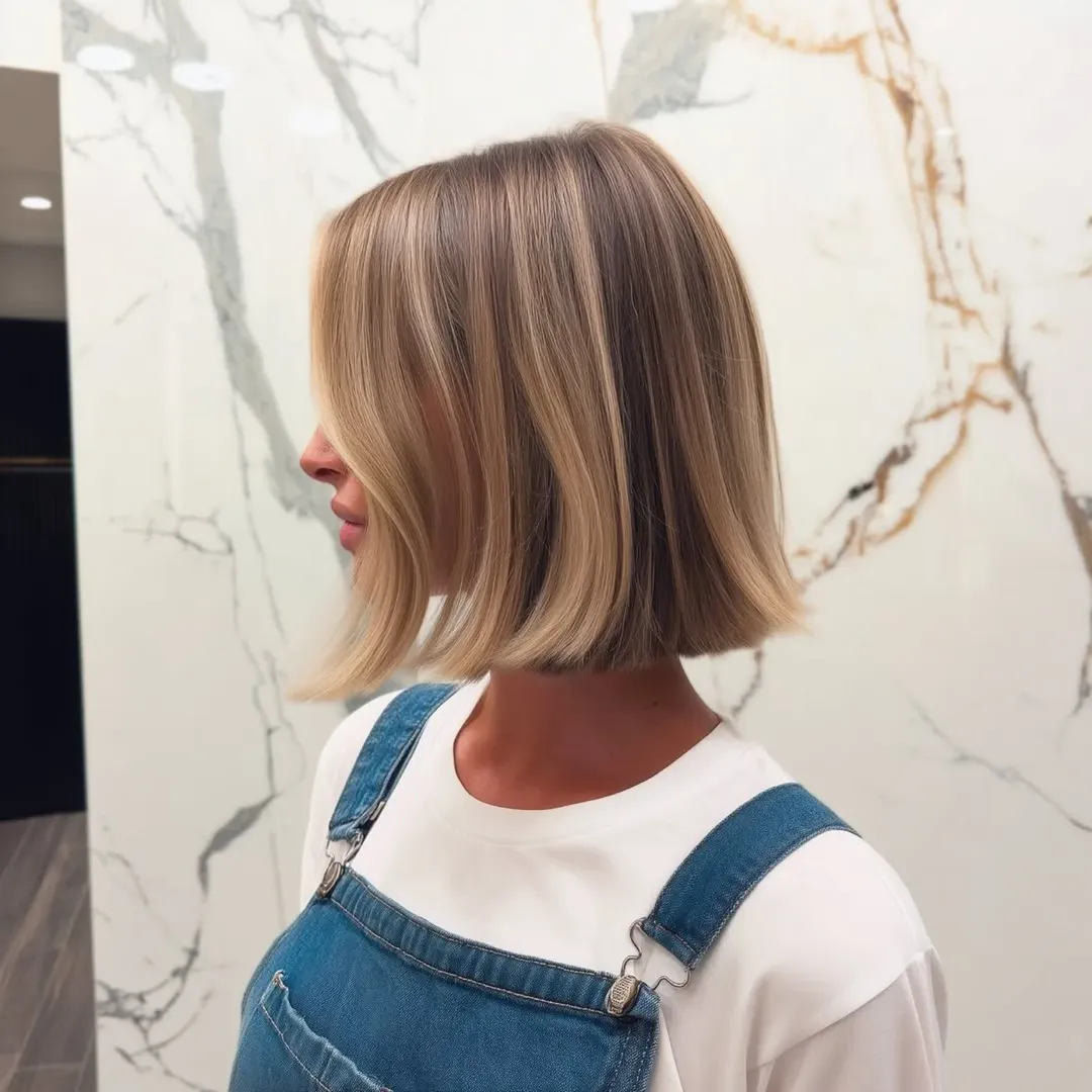 Blended Balayage Blunt Bob With Side Part