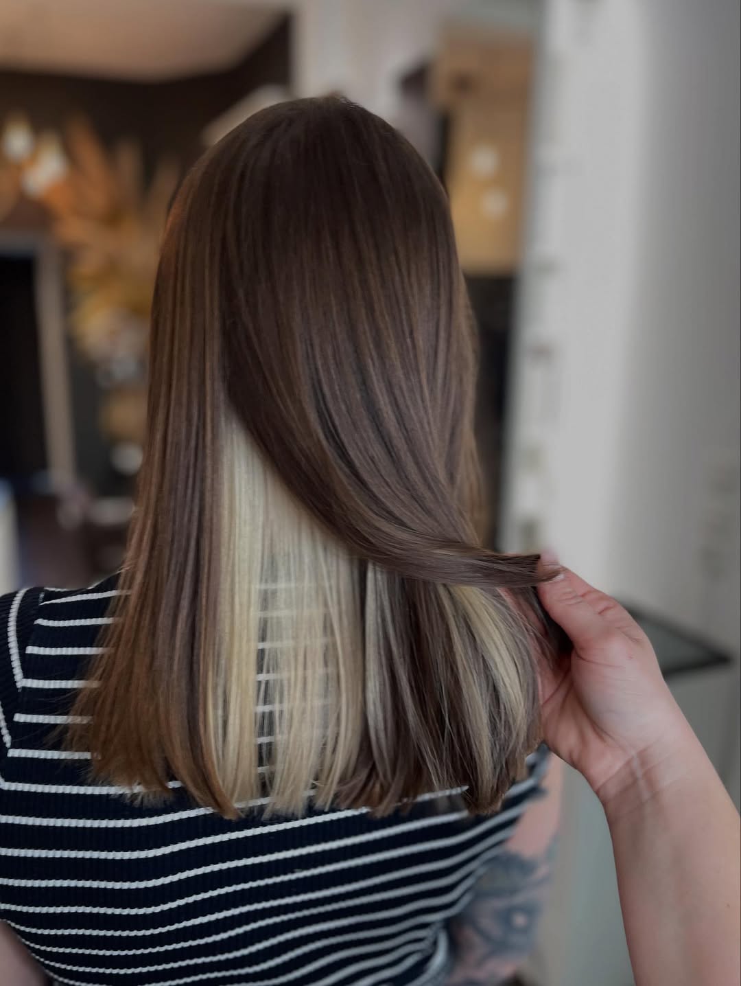 Blonde Hidden Highlights On Straight Espresso Hair