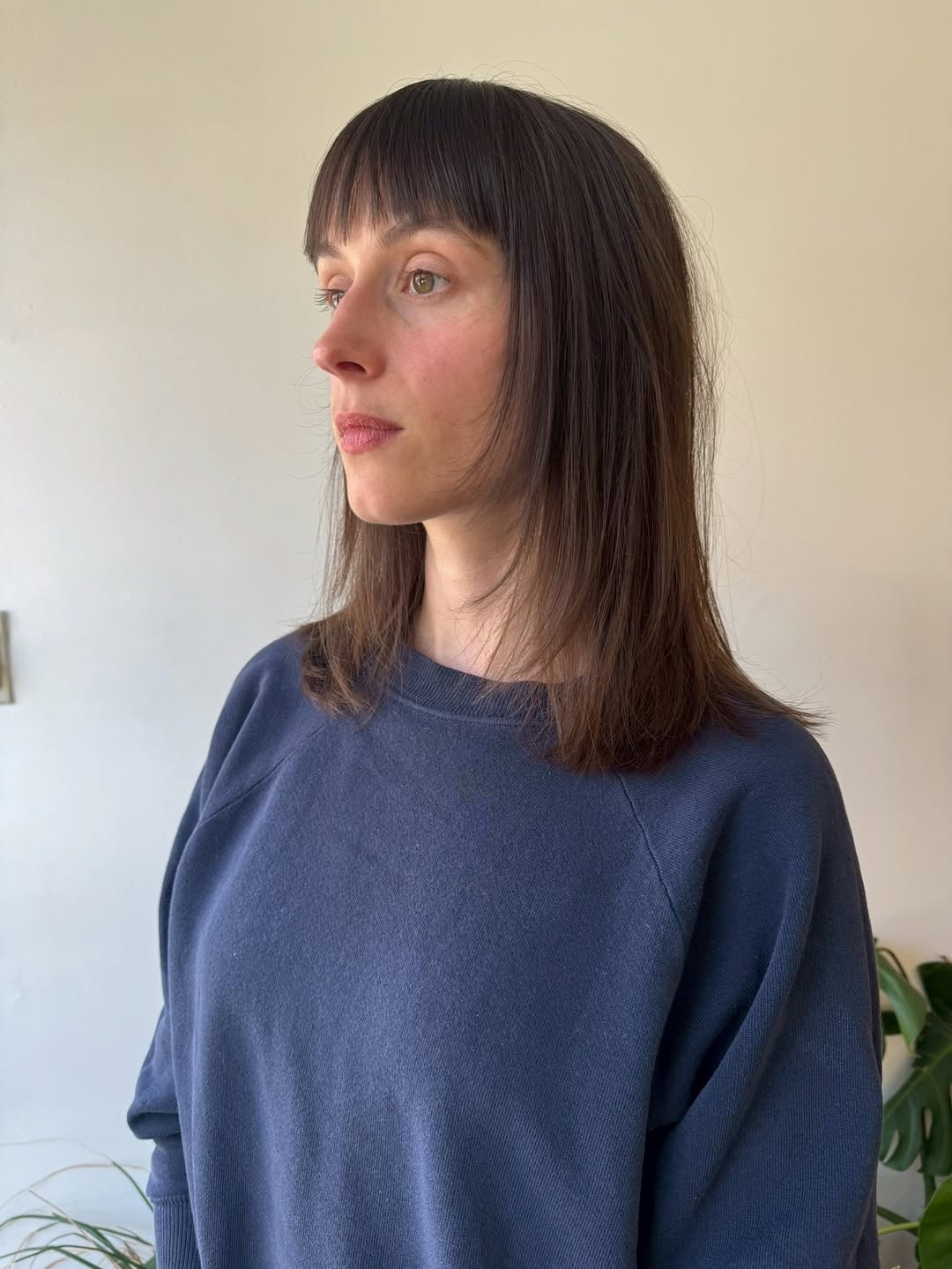 Blunt Bangs Medium Length Brunette Layers