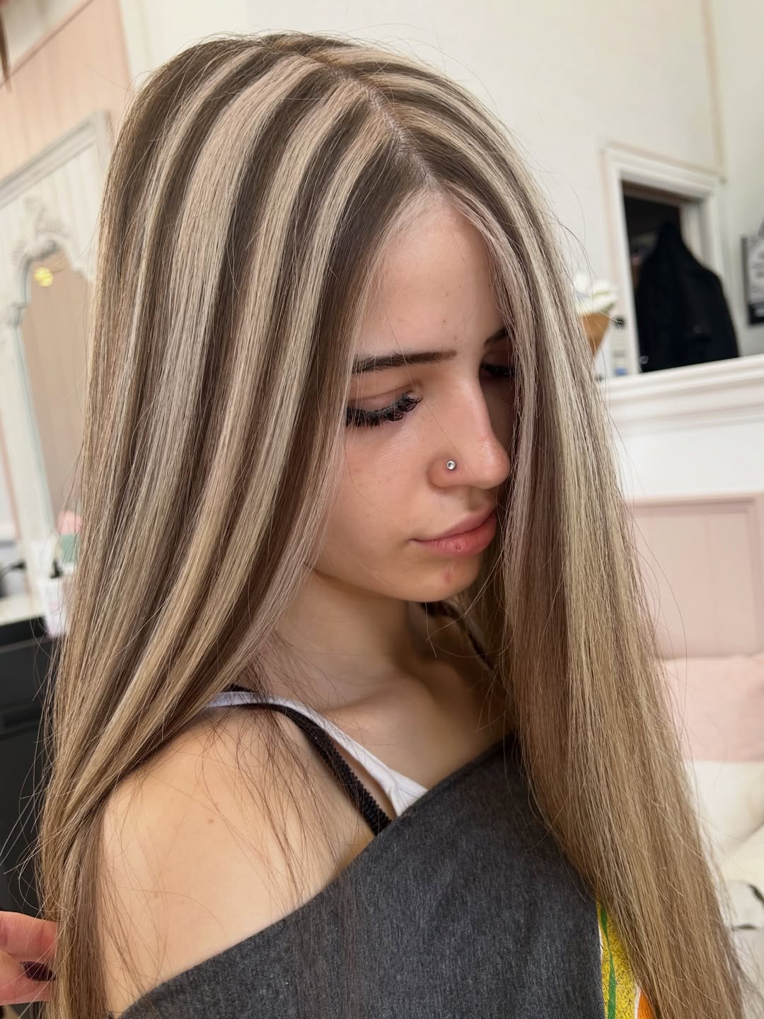 Bold Ash Blonde Skunk Stripe On Straight Hair