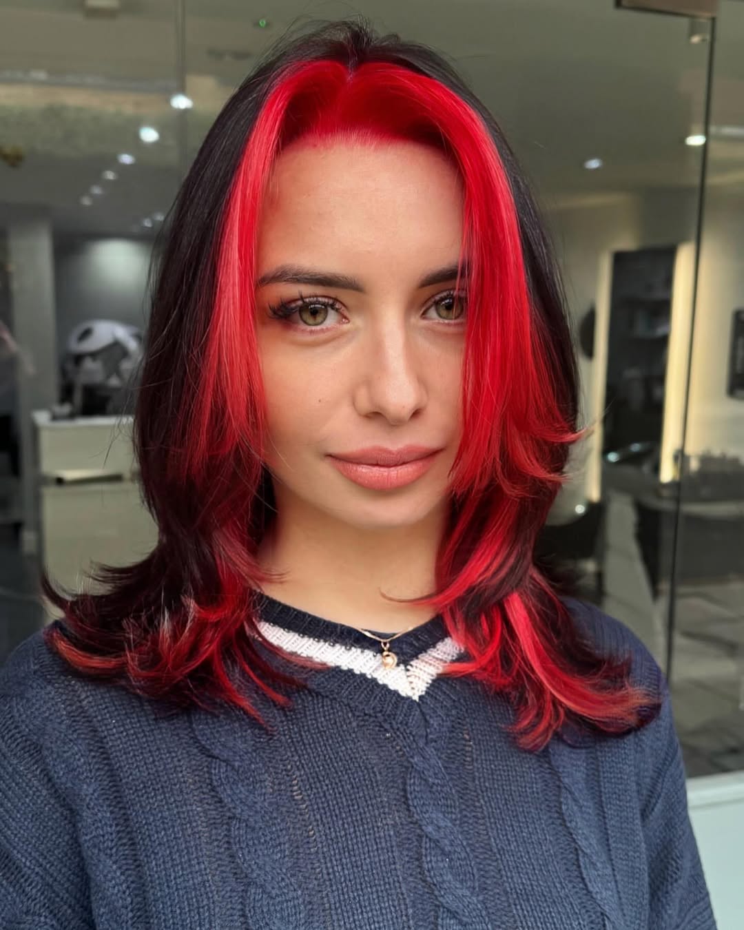Bold Red Peekaboo Underlayer On Dark Hair