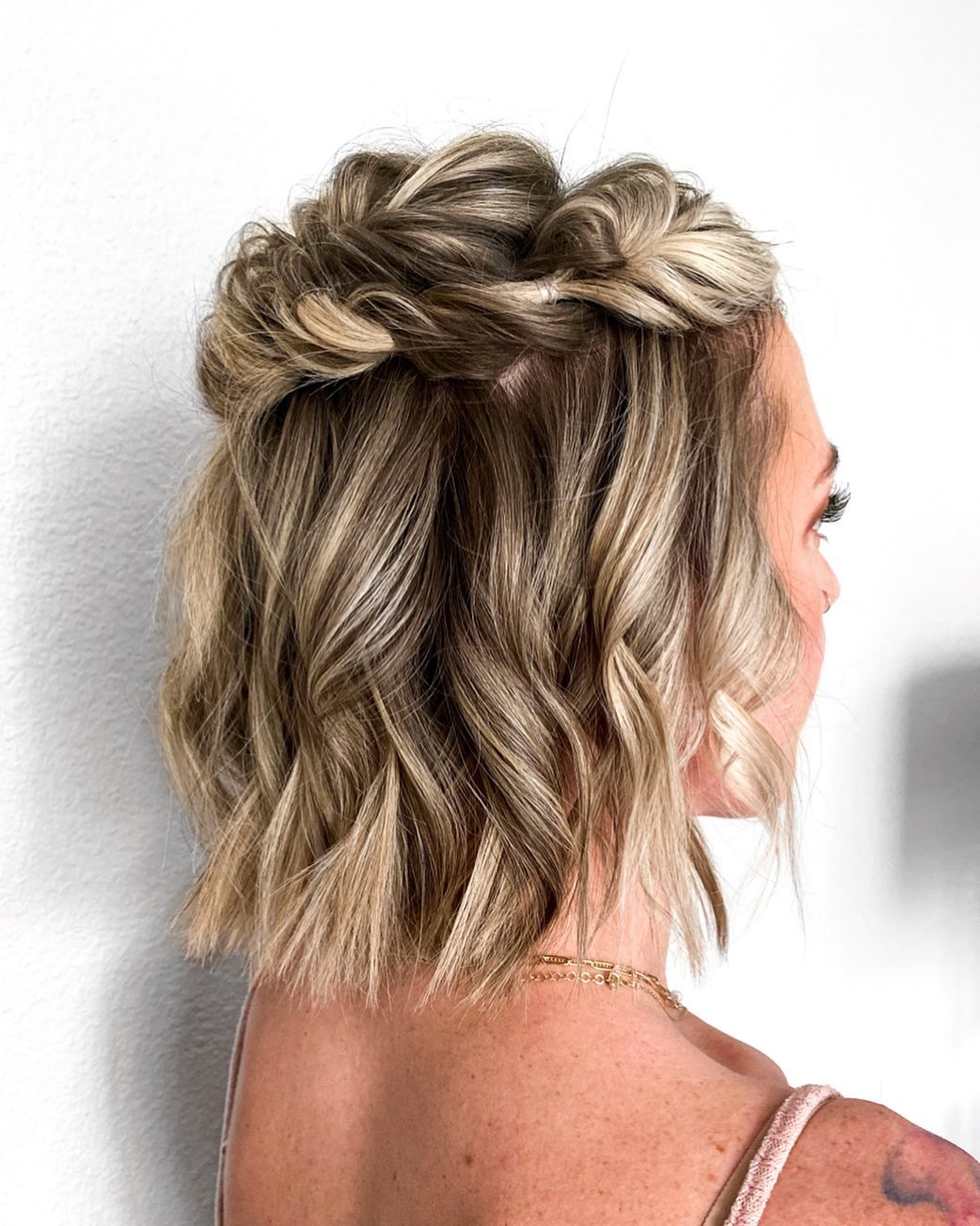 Braided Half-Updo On Wavy Blonde Bob