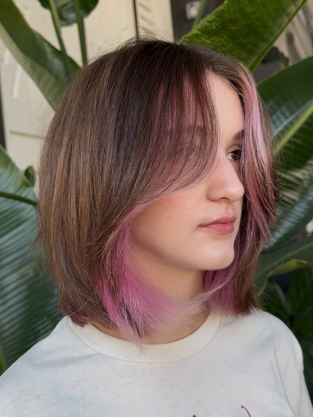 Bubblegum Pink Face-Framing on Brunette Lob