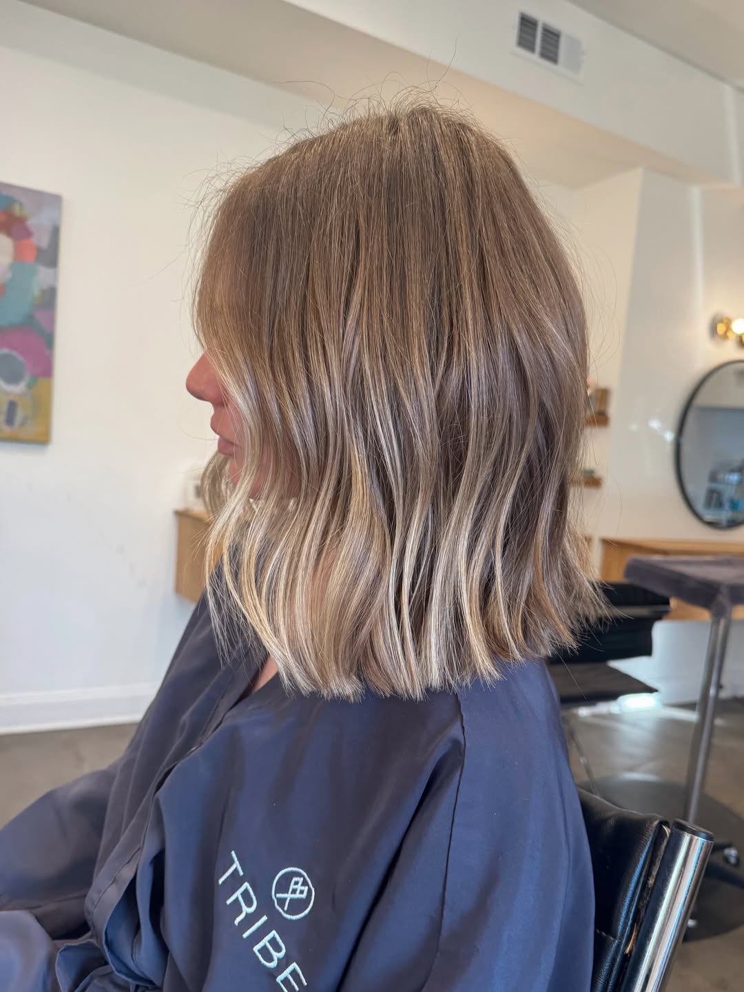 Caramel Blonde Balayage Lob With Beach Waves