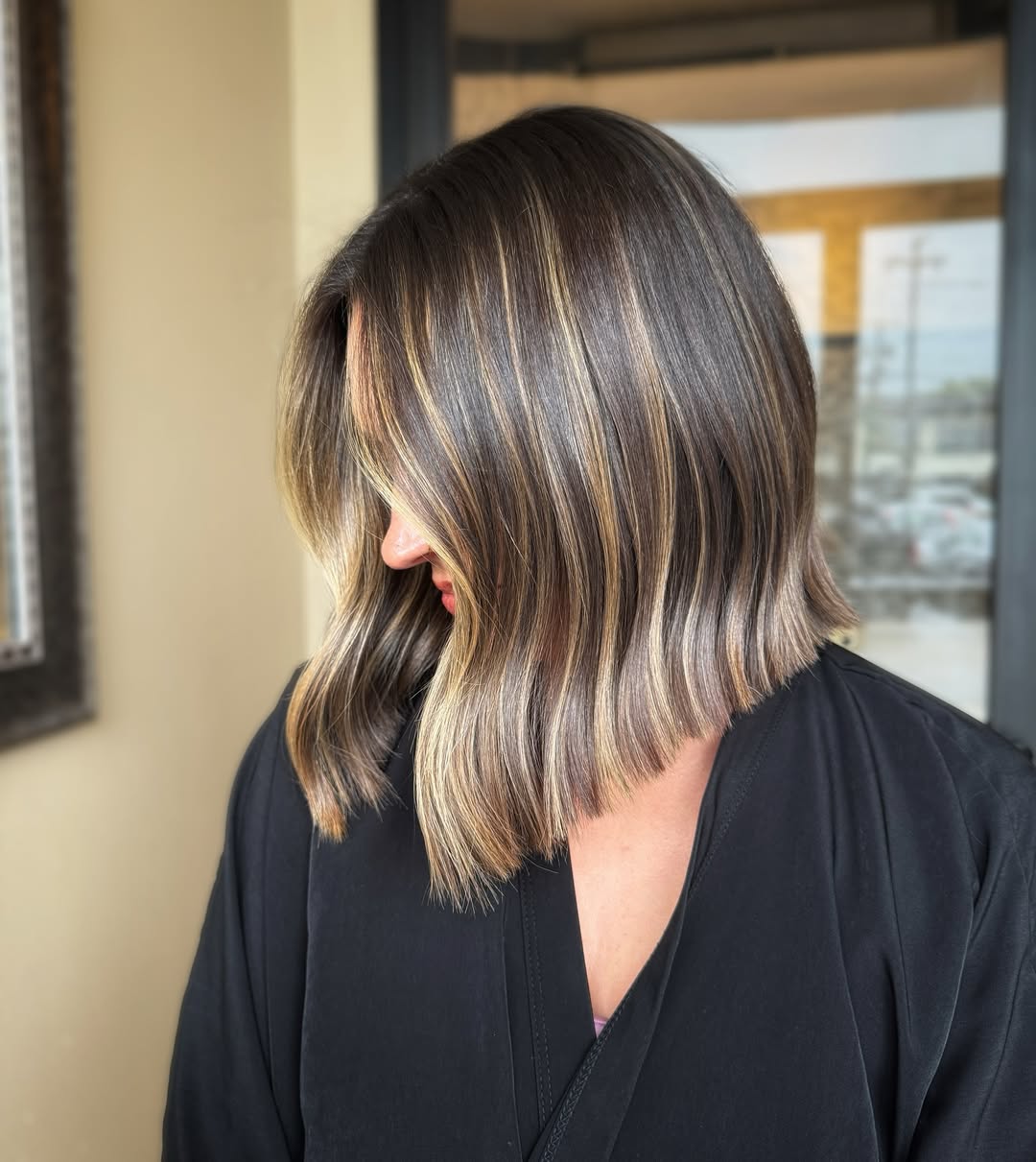 Caramel Highlights On Sleek Chocolate Blunt Bob