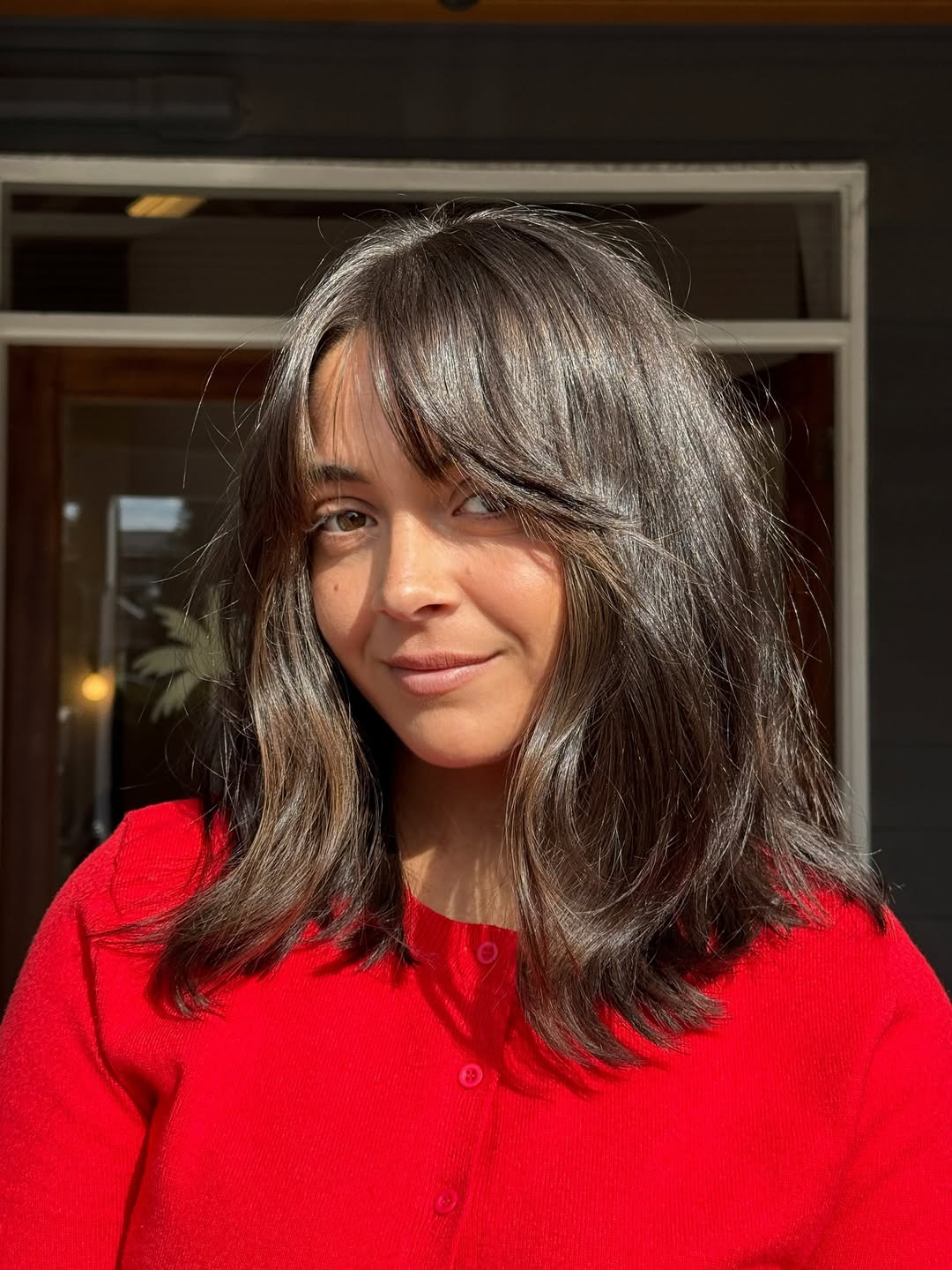 Choppy Chestnut Lob With Effortless Curtain Bangs