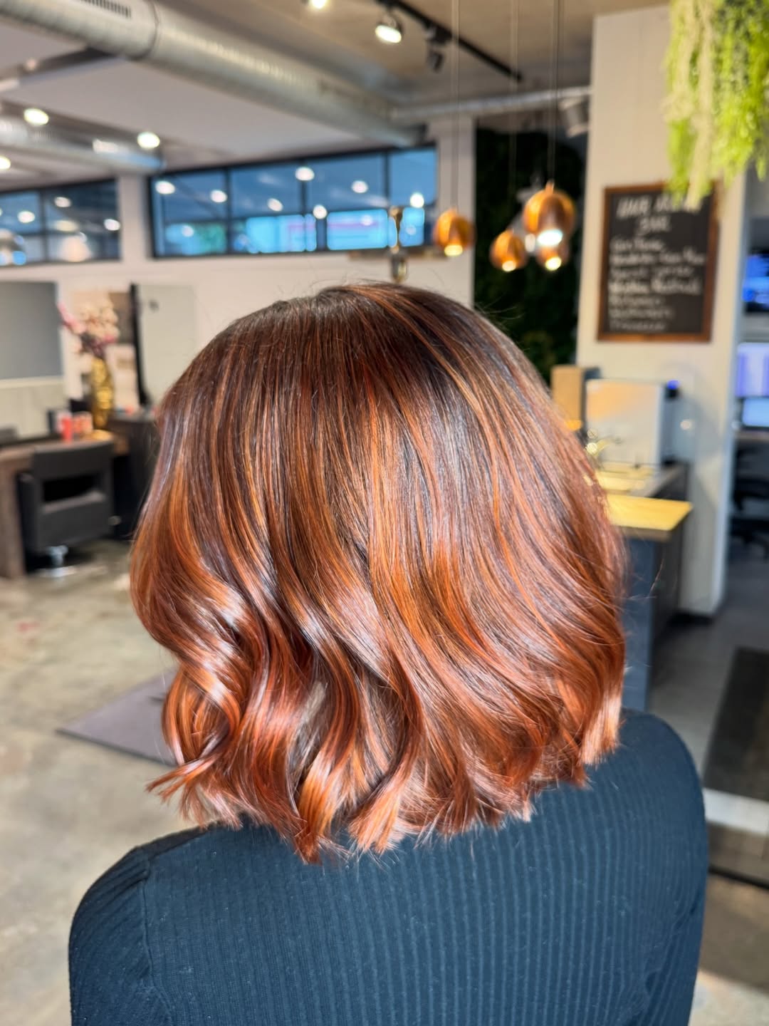 Copper Balayage Angled Bob With Soft Waves