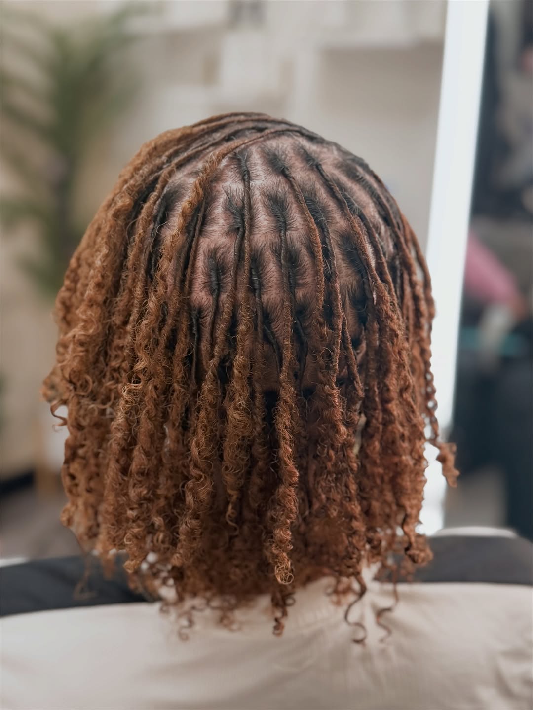 Coppery Brown Curly Locs With Defined Roots