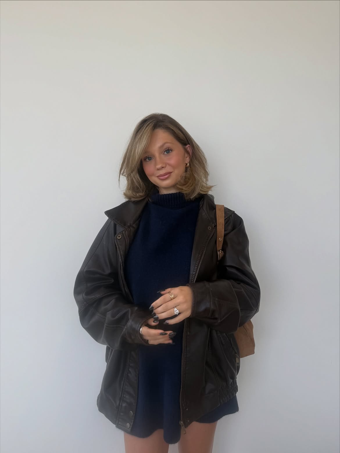 Dark Academia Leather Jacket And Navy Sweater Dress