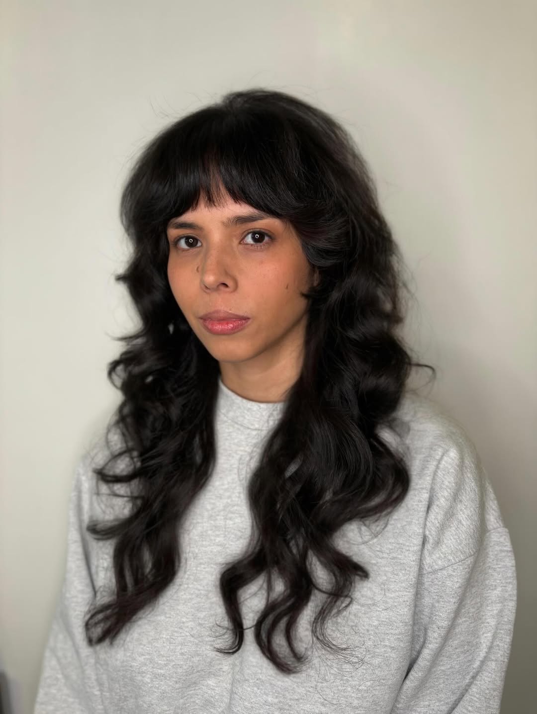 Deep Brunette Long Shag With Wispy Bangs
