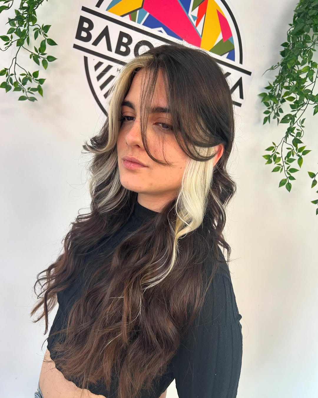 Deep Brunette Skunk Stripe Face-Framing Waves