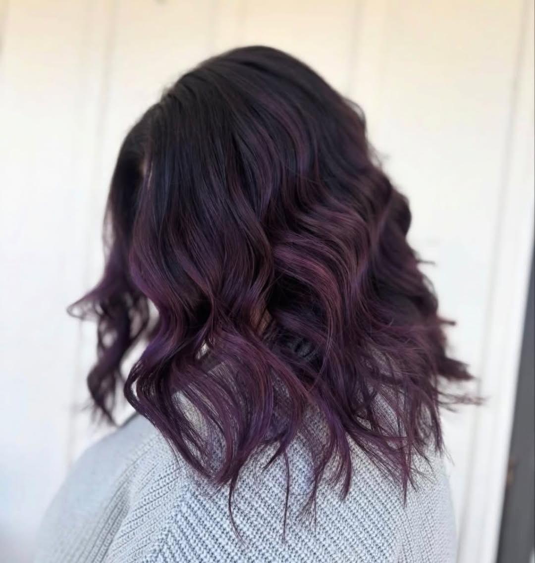 Deep Plum Balayage With Wavy Lob