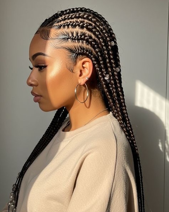 Defined Cornrow Braids With Beaded Ends