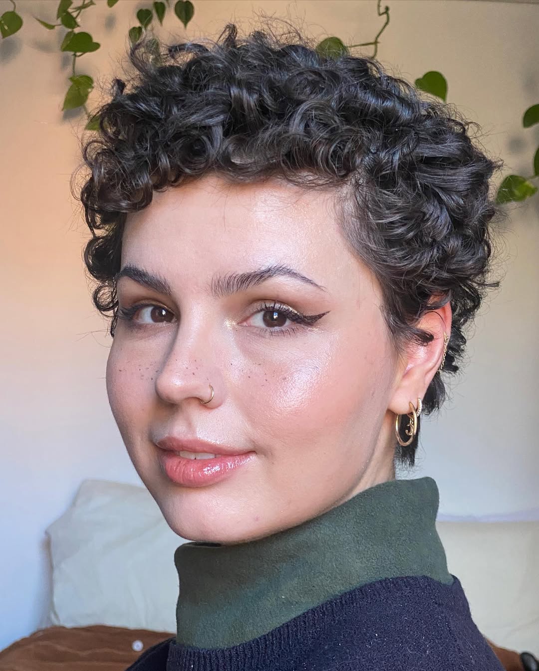 Defined Curly Pixie With Chocolate Brown Color