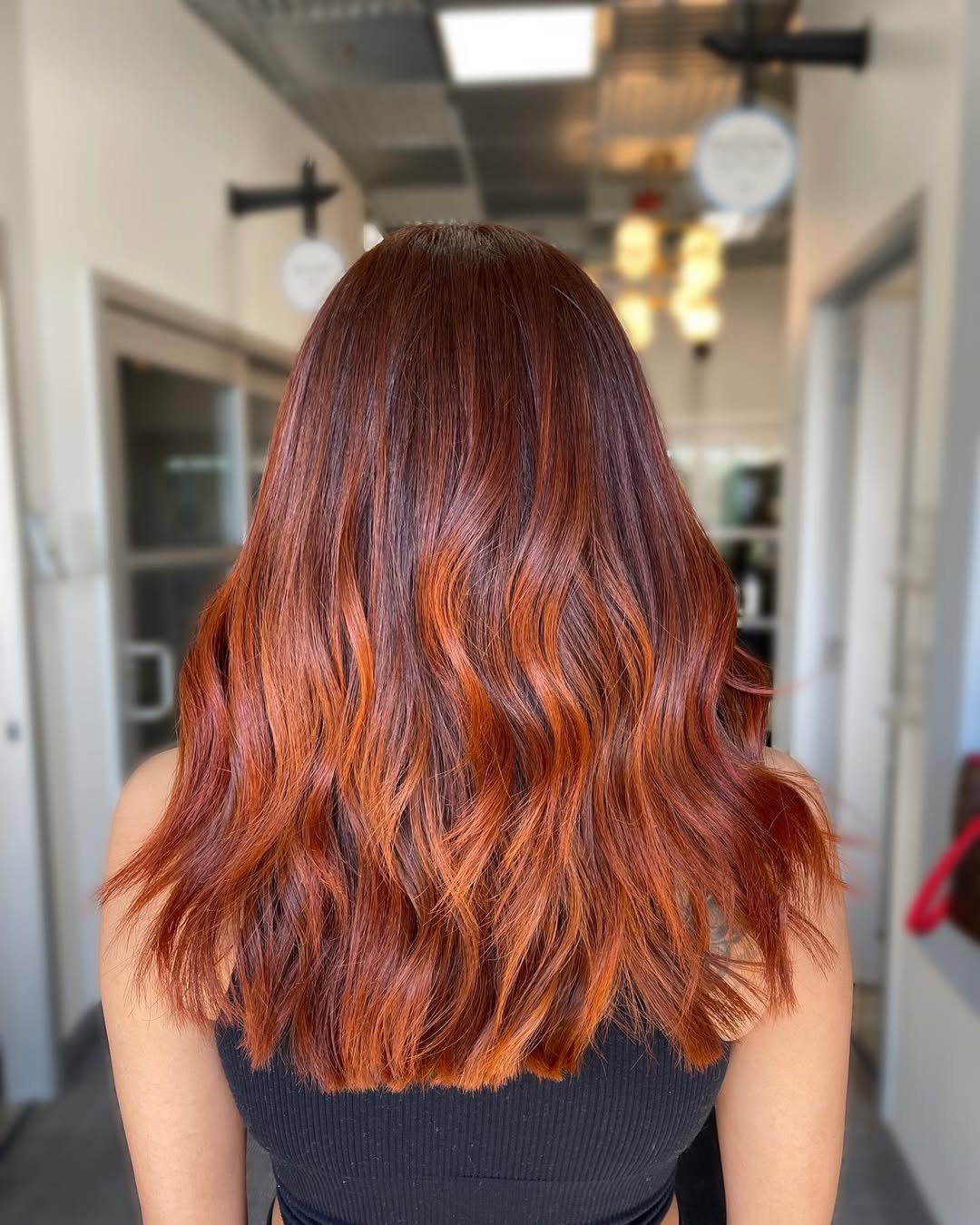 Fiery Copper Balayage With Loose Waves