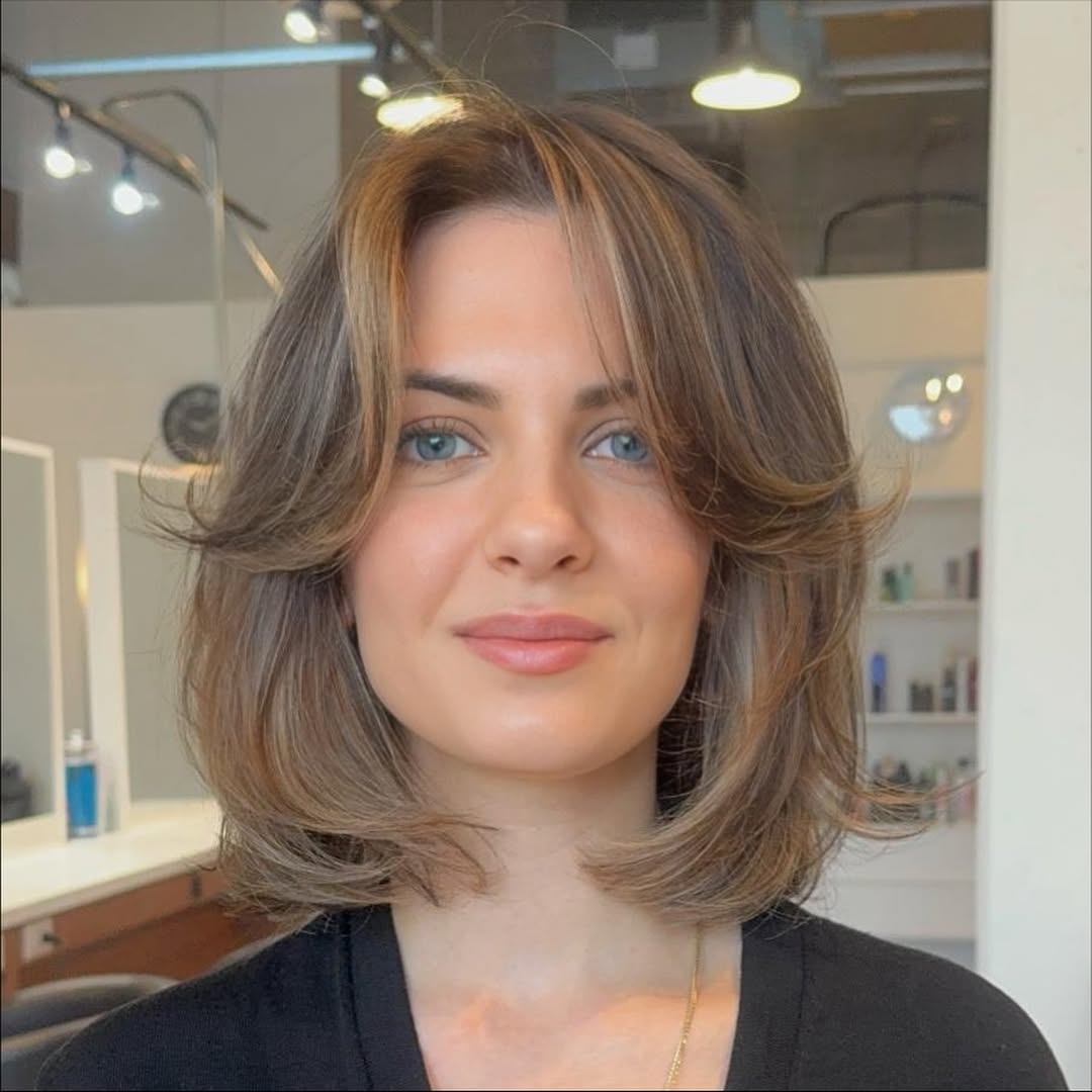 Flipped Hair Lob with Honey Blonde Curtain Bangs