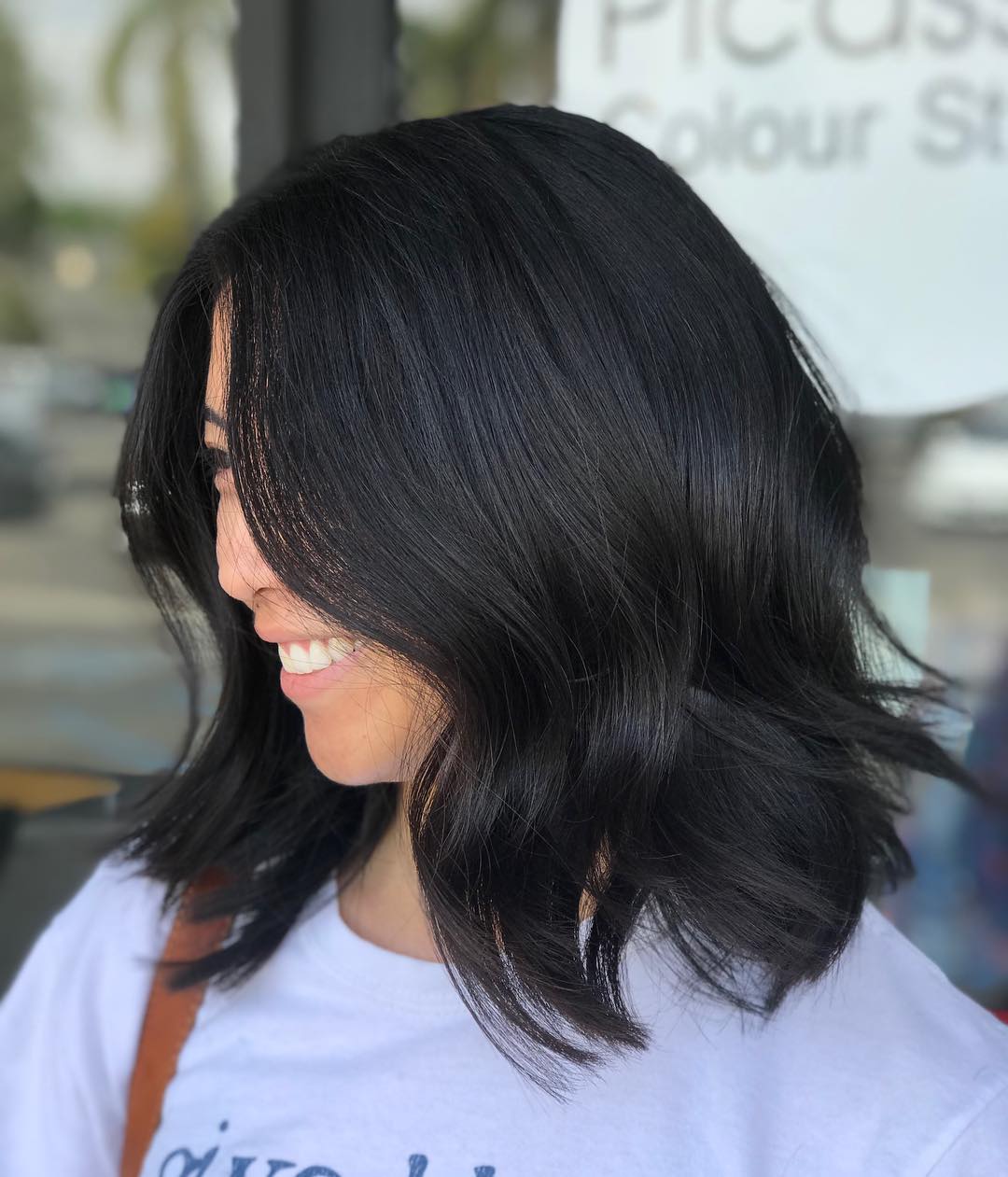 Glossy Jet Black Wavy Lob With Side Part