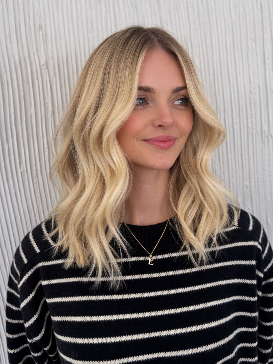 Golden Blonde Wavy Lob With Subtle Root