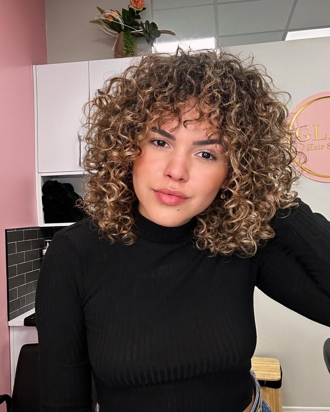 Golden Bronde Curly Textured Shag With Bangs