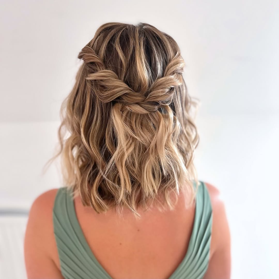 Half Up Twisted Updo on Wavy Bob