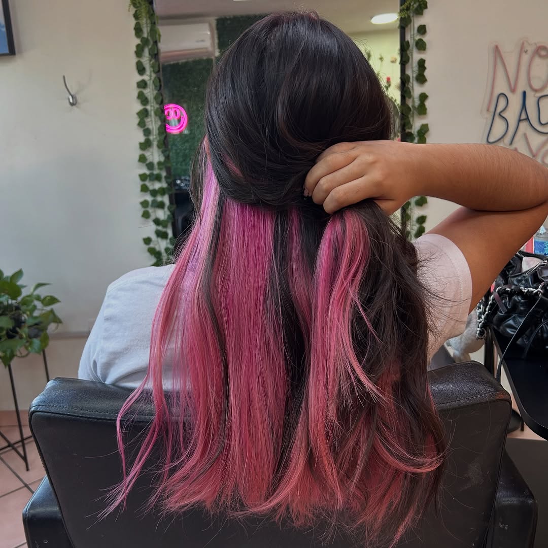 Hidden Fuchsia Peekaboo On Mid-Length Dark Hair