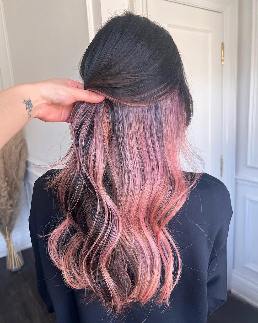 Hidden Pink Peekaboo Waves Under Black Hair