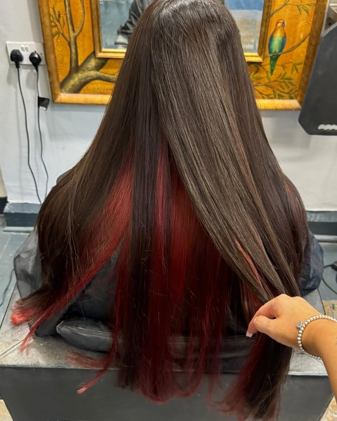 Hidden Ruby Red Peekaboo on Long Dark Hair