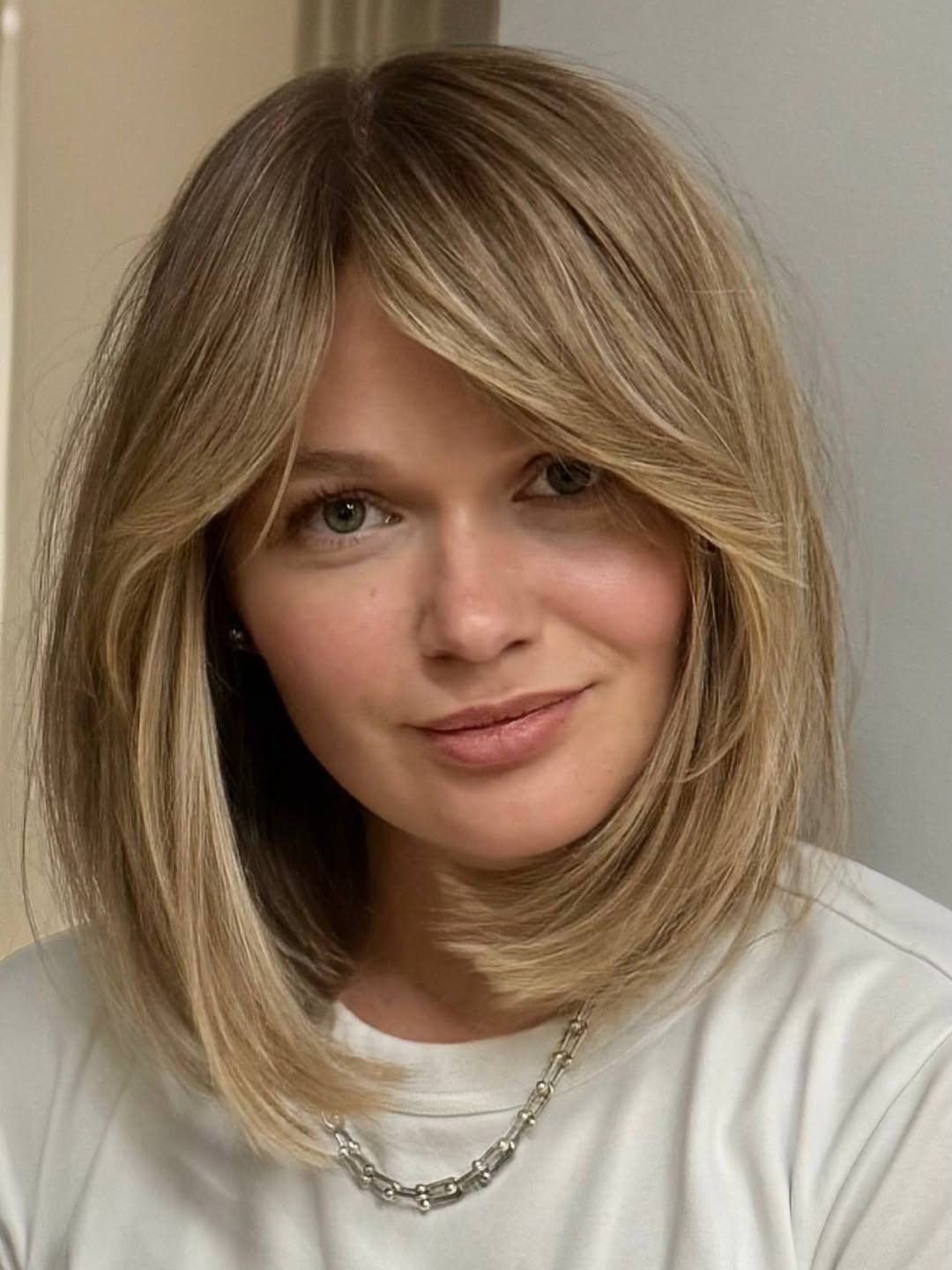 Honey Blonde Layered Lob With Face Framing Bangs