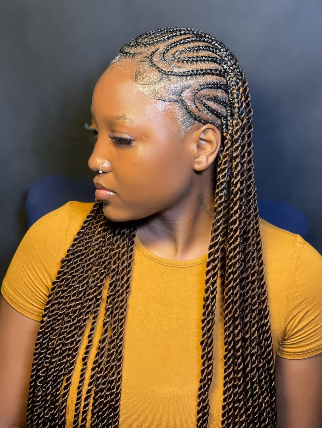 Honey Blonde Passion Twists With Intricate Cornrows