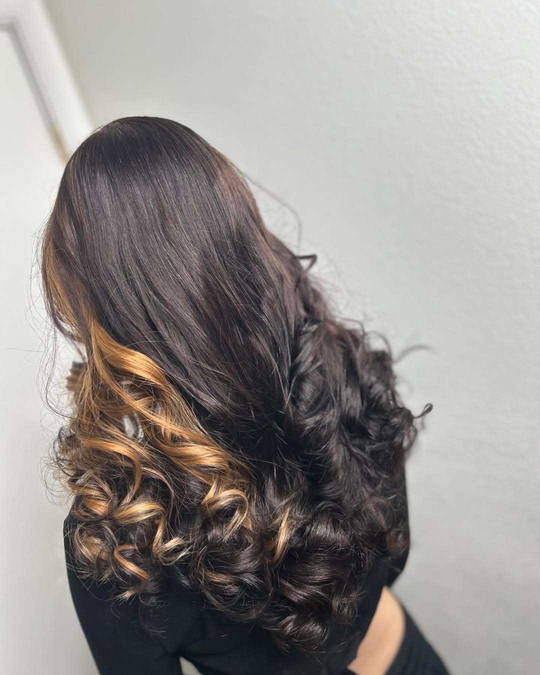 Honey Blonde Skunk Stripe On Dark Wavy Hair