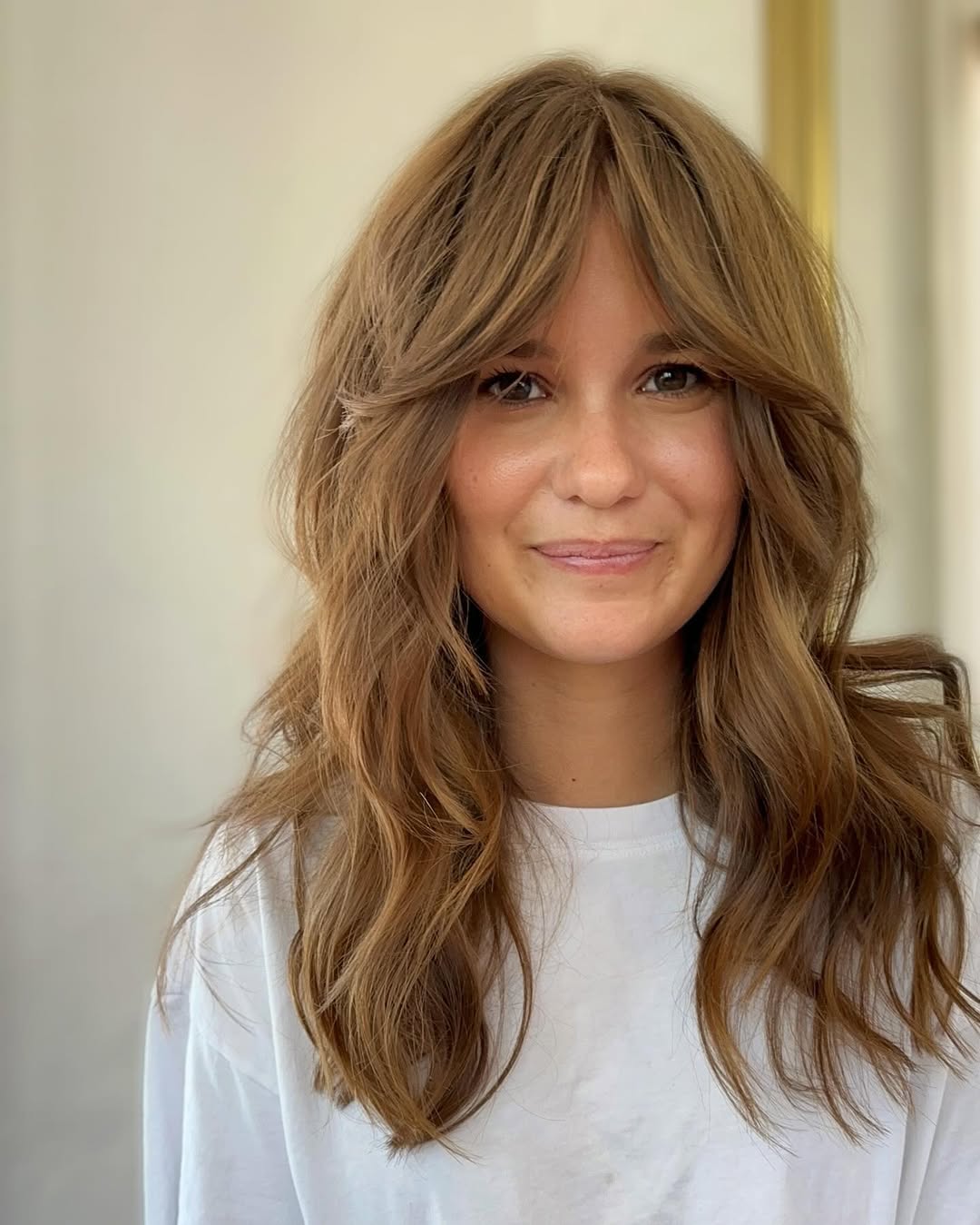 Long Caramel Shag With Wispy Curtain Bangs