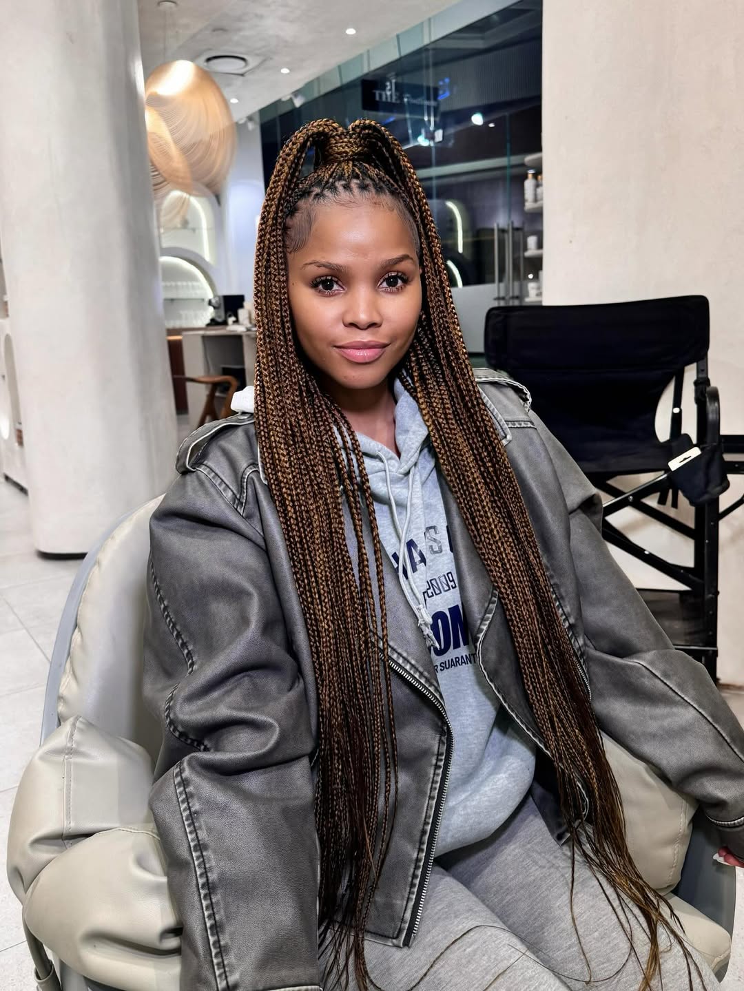 Long Half-Up Box Braids With Defined Edges