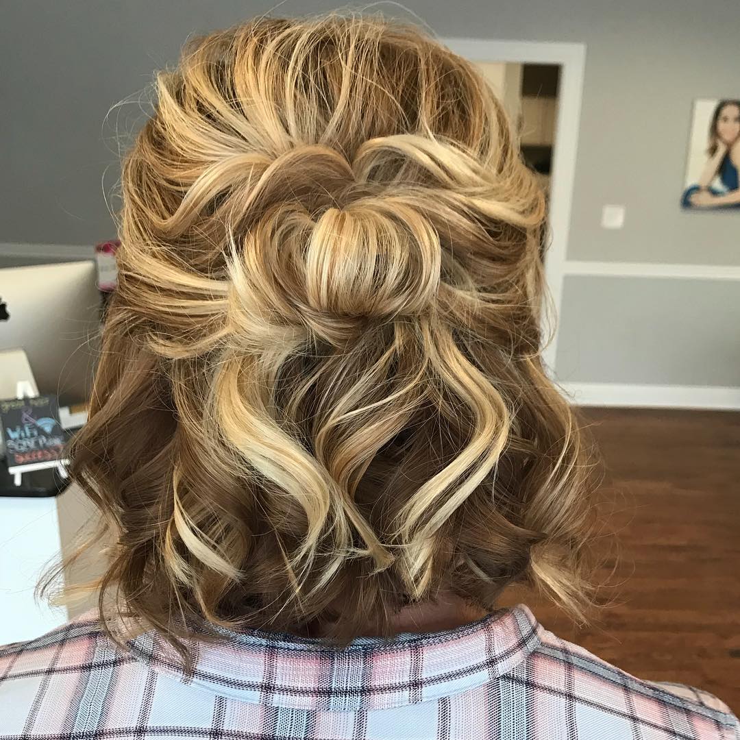 Messy Half-Up Bun With Wavy Balayage Bob