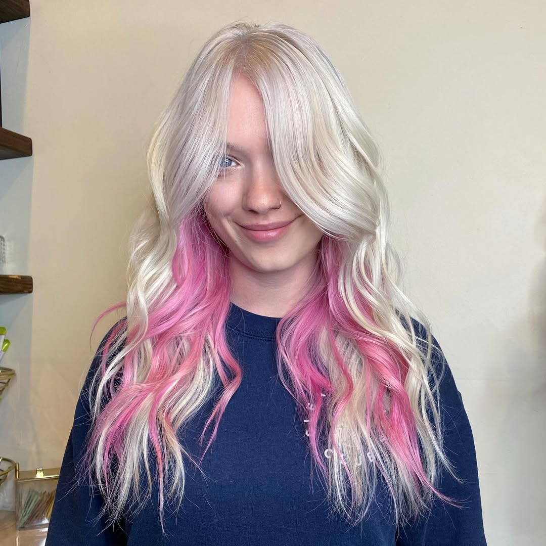 Platinum Blonde Layers with Playful Pink Peekaboo