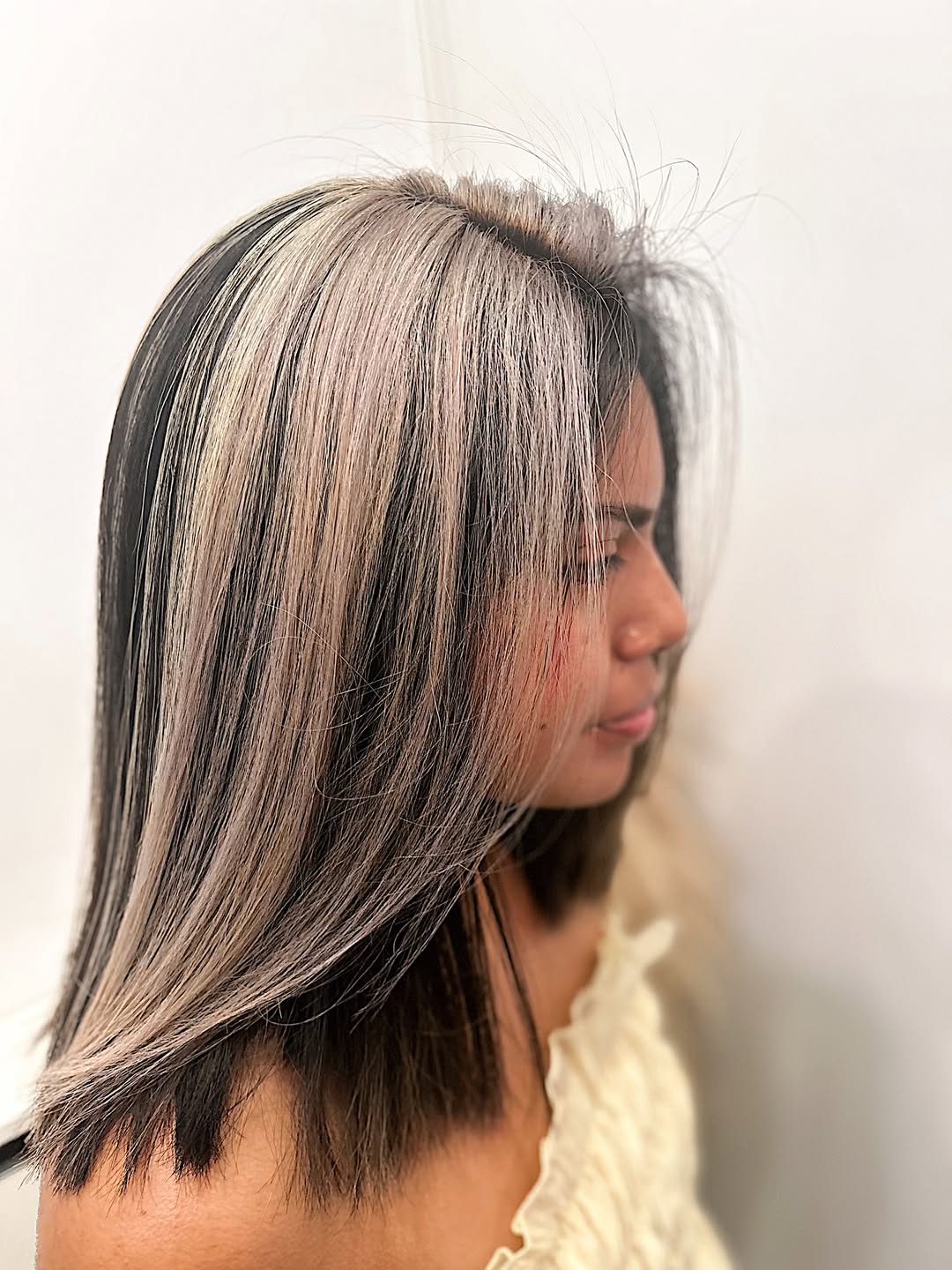 Platinum Skunk Stripe on Dark Brown Straight Hair