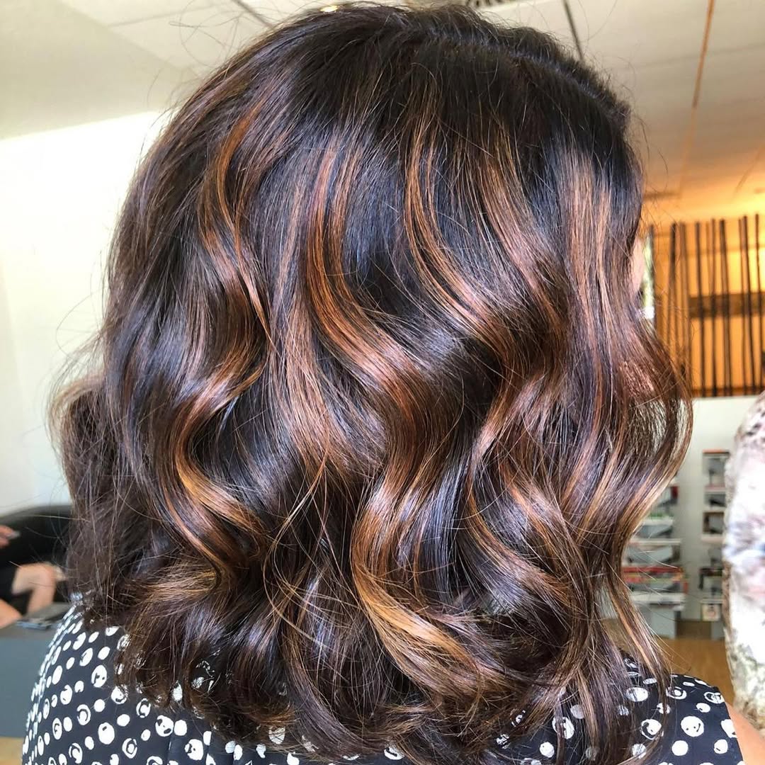 Rich Auburn Balayage On Wavy Chocolate Brown Lob