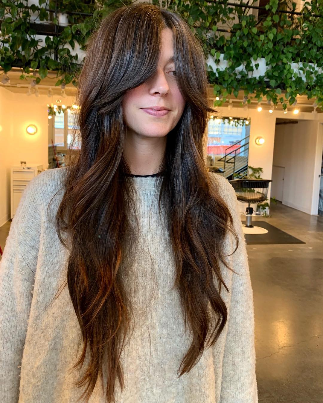 Rich Brunette Long Shag With Curtain Bangs